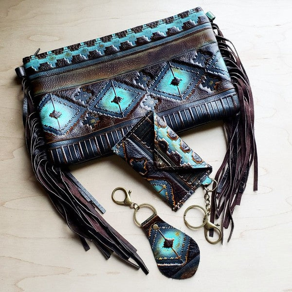 Blue Navajo Leather Embossed Clutch Handbag