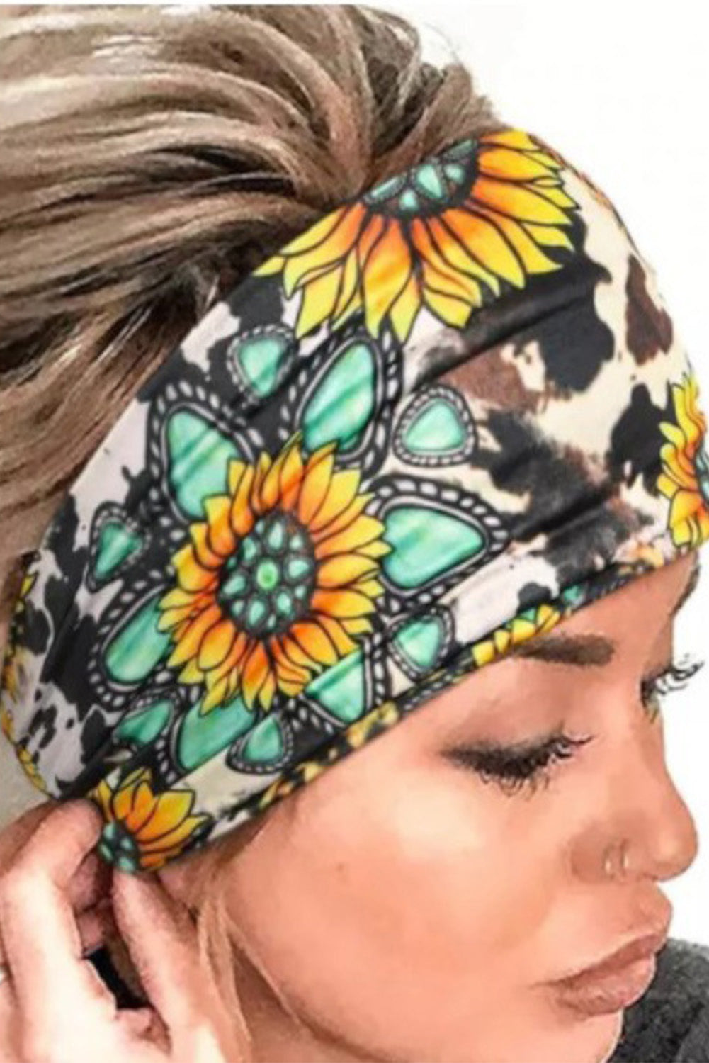 Multicolor Sunflower Cow Print Wide Headband