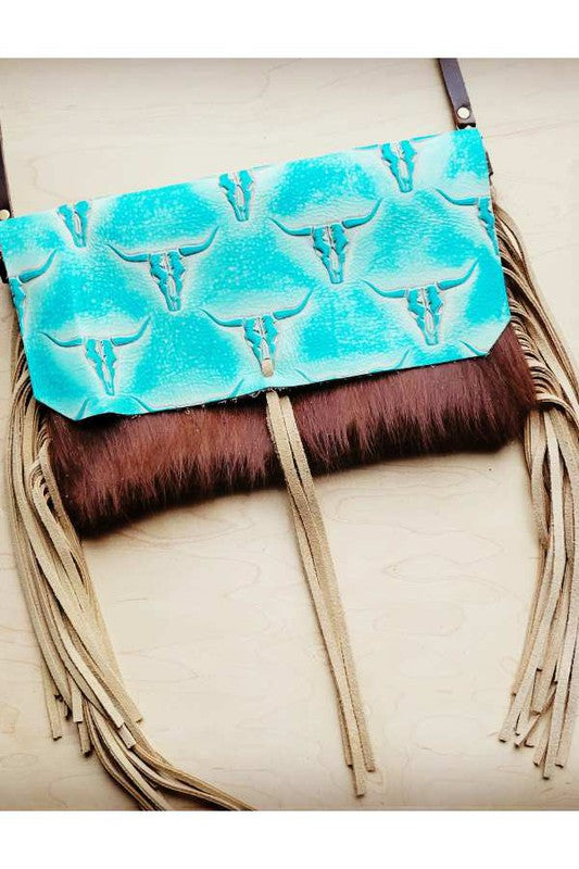 Hair Hide Handbag w/ Turquoise Steer Head Flap