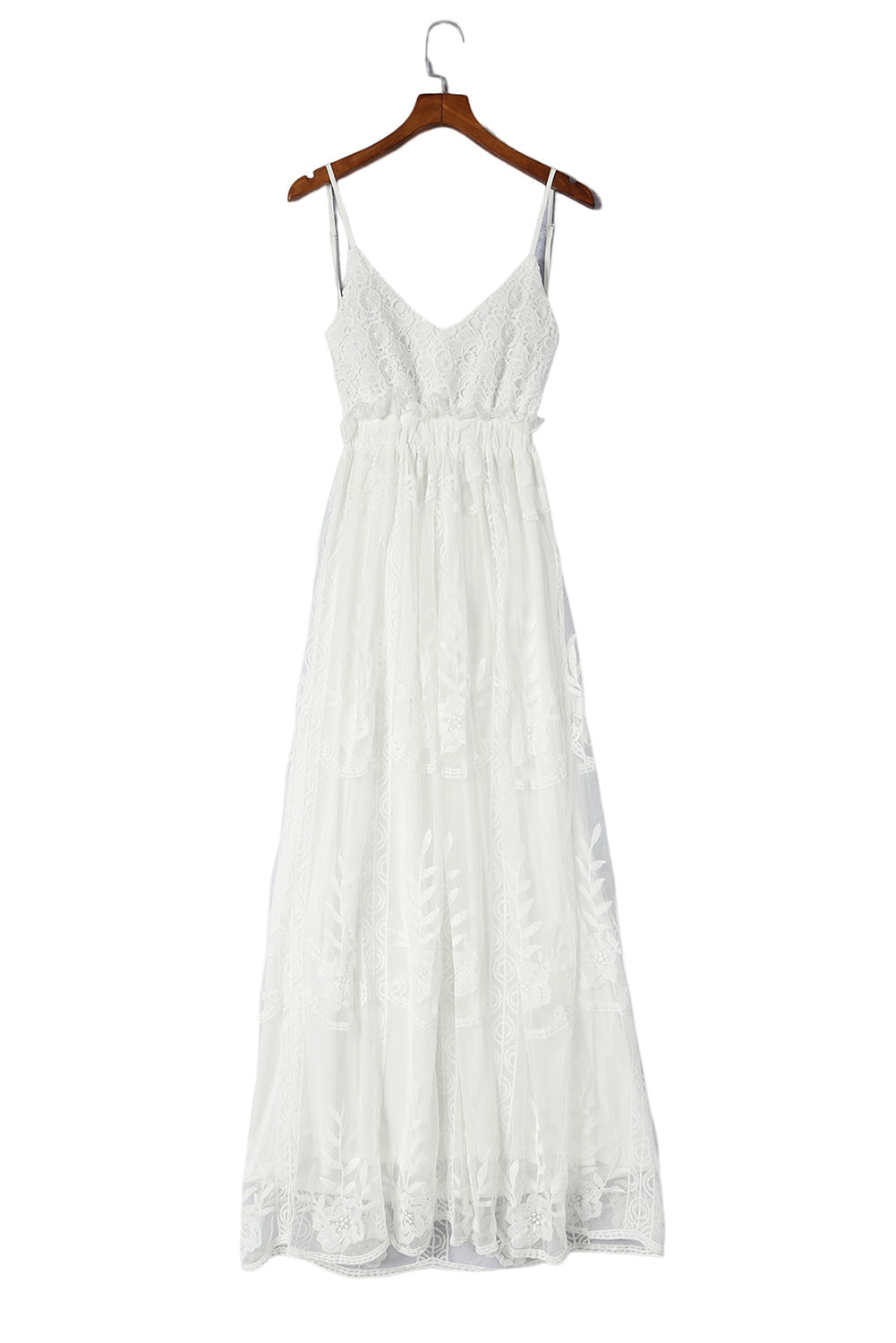 White Contrast Lace Backless Spaghetti Strap Maxi Dress