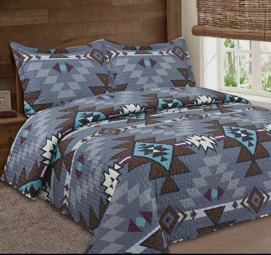 Grey Navajo 3pc Bedspread Quilt