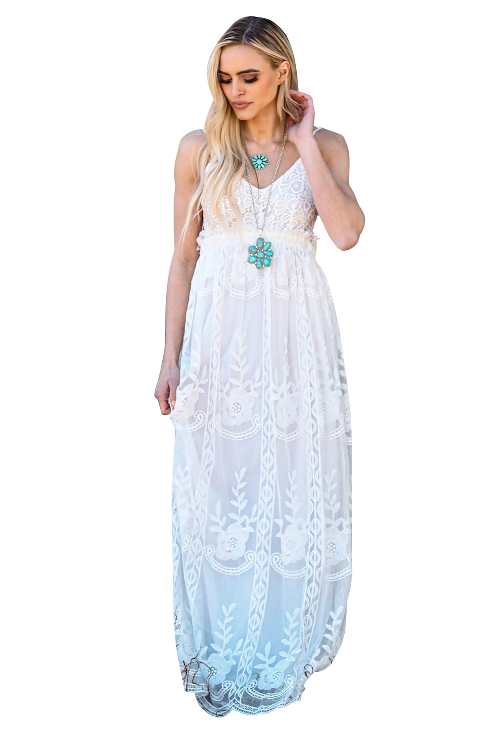 White Contrast Lace Backless Spaghetti Strap Maxi Dress